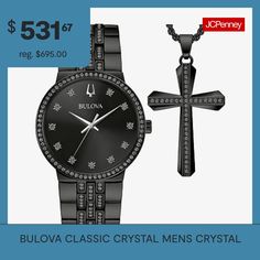 This men's box set from the Bulova Crystal collection epitomizes smart, refined style. The black IP stainless steel case balances elegance and modern design with a sophisticated bezel set with crystals. The black sunray dial features striking silver-tone accents and is set with 11 crystal hour markers. Crystals on the black IP stainless steel bracelet complement the case and dial, while the bracelet's foldover buckle closure with a buckle closure with pushers ensures a perfect fit. Completing t… Black Stainless Steel Watches For Anniversary, Gift Stainless Steel Watch Accessories With Diamond Hour Markers, Classic Black Jewelry With Diamond Hour Markers, Classic Black Watches For Father's Day, Black Round Dial Jewelry And Watches For Gift, Black Jewelry And Watches With Round Dial For Gift, Timeless Black Jewelry And Watches For Gift, Modern Black Jewelry And Watches As Gifts, Refined Style