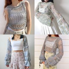 four pictures of different types of clothing with long sleeves and crochet on them