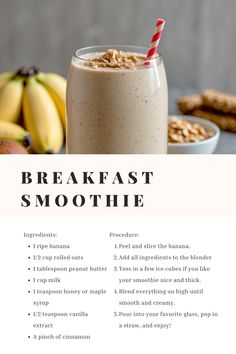 a recipe for breakfast smoothie with bananas and oatmeal in the background