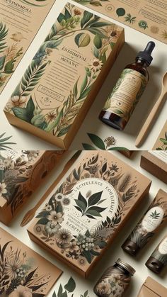 an assortment of packaging designs with flowers and leaves