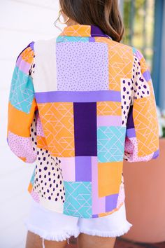 You are definitely going to be able to do it all in this blouse! It's so much fun! All of those prints and colors are fabulous! The classic button down cut is very chic as well! This blouse will look great almost year round! This blouse features a collared neckline, button down front closure, long sleeves, and a colorful abstract print. Material has no amount of stretch.Sydney is wearing the small. Chic Multicolor Button-up Blouse, Multicolor Printed Button-up Blouse, Multicolor Vibrant Print Button-up Top, Random Sketches, Multicolor Vibrant Print Button-up Blouse, Teacher Vibes, Conceptual Sketches, Multicolor Abstract Print Button-up Shirt, Garment Sewing