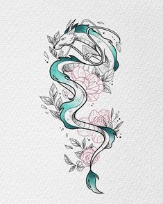 a drawing of a snake with flowers on it's back and the tail curled up