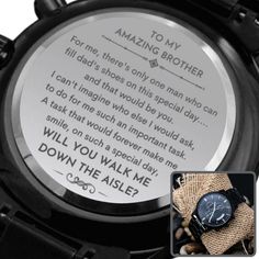 A personalized gift that can withstand constant use, this Engraved Design Black Chronograph Watch is the perfect gift for all the special men in your life. A thoughtful groomsmen gift, an anniversary memento, or a long-lasting keepsake for Father's Day - it's a versatile piece sure to warm hearts and create smiles. Featuring a three-dial face, calendar function, and luxury pointer in a water-resistant and scratch-proof vessel. Made from high-quality Stainless Steel and featuring a Copper Dial. S Brother Walking Sister Down Aisle Ask, Wedding Day Messages, Brother Of The Bride, Man Of Honor, Wedding Walk, Engraved Watch, Man Of Honour, Wedding Poems, Walk Down The Aisle