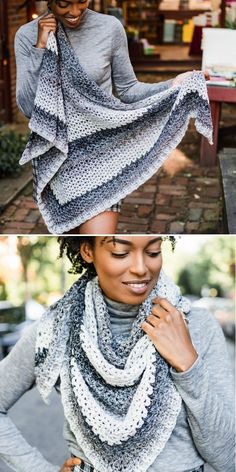 two photos of a woman wearing a gray sweater and scarf with white crochet on it