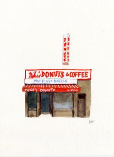 a drawing of a donut shop with a red awning