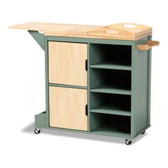 a kitchen island with two drawers and a cutting board on it's top shelf