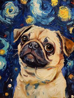 a painting of a pug dog looking up at the camera with stars in the background