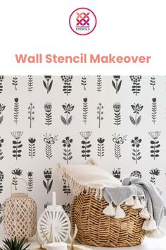 the wall stencil makeover is on display in front of a basket and other items