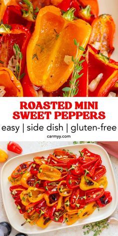 roasted mini sweet peppers on a white platter with text overlay that reads roasted mini sweet peppers easy side dish / gluten - free