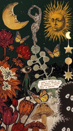 an artistic painting with flowers and butterflies in the foreground is a sun, moon, and stars