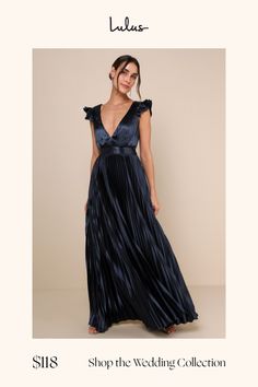 a woman in a long black dress with the words shop the wedding collection