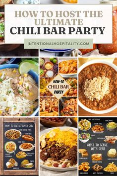 various chili ideas for a chili bar party Chili Bar Party, Chili Dinner, Meat Lovers, Easy Food To Make, Decadent Desserts, Finger Foods