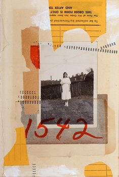 an altered photograph of a woman standing in a field with yellow and red collages