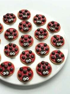 a white plate topped with cookies covered in red and black frosted ladybugs