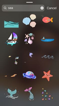 an iphone screen with various stickers on the bottom and bottom, including sea animals