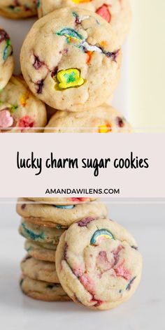 lucky charm sugar cookies stacked on top of each other with the words lucky charms in front