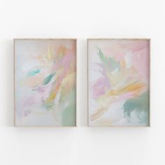 two paintings are hanging on the wall next to each other, one is pink and green