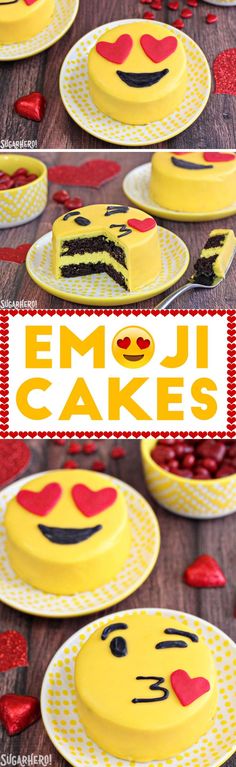 there are many plates with cakes on them and the words emoji cakes written in large letters