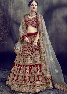 #Maroon #Velvet Bridal #LehengaCholi with #Dupatta White Bridal Lehenga, Velvet Wedding Dress, Sari Lehenga, Bridal Lehenga Online, Latest Bridal Lehenga, Neeta Lulla, Wedding Lehenga Designs