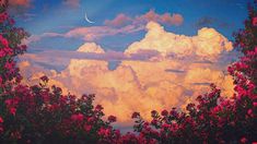 a painting of clouds and pink flowers with a crescent in the sky above them on a sunny day