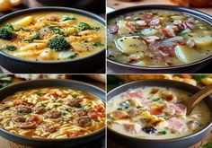 four pictures of different types of soup and bread