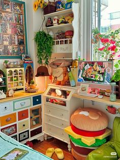 a child's room with toys and stuffed animals