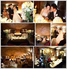 a collage of wedding photos taken at the reception in an indoor venue with candles and flowers