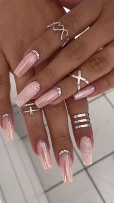 nail art Coffin Shape Wedding Nails, Acrylic Long Nails Ideas, Pink Nails With Sparkle Accent, Statement Nail Ideas, Simple Pink Gel Nails, Nail Designs For 2024, Baby Pink Square Acrylic Nails, Classy Nails 2024, Trendy Nails Ideas 2024 June