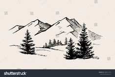 mountain landscape with pine trees and mountains in the background, hand drawn illustration on white paper