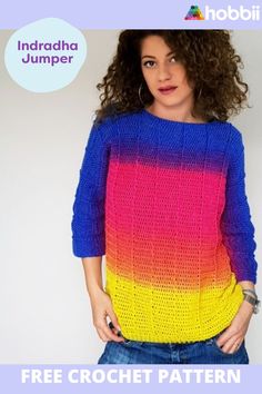 a woman is wearing a colorful sweater with the words free crochet pattern on it