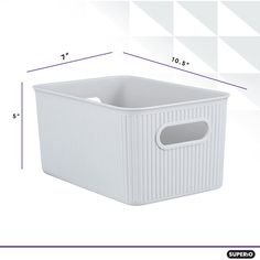 a white storage box with measurements for the top and bottom section, showing the width