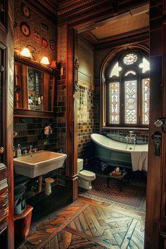 an old fashioned bathroom with stained glass windows and wood trimmings on the walls