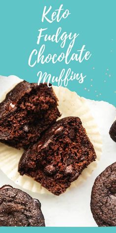 three chocolate muffins sitting on top of a paper plate with the words keto fudgey chocolate muffins