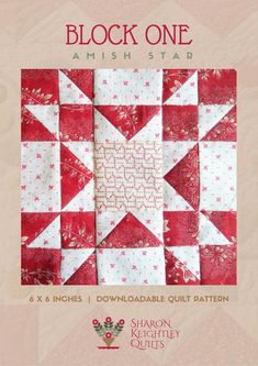 the block one amish star quilt pattern is shown in red, white and pink