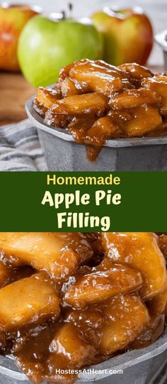 homemade apple pie filling in two buckets with apples in the background and text overlay reading homemade apple pie filling