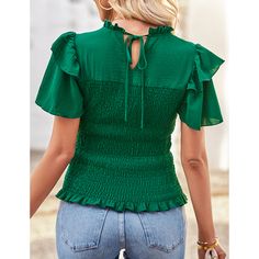 Green Drawstring Ruffle Short Sleeve Pleated Blouse Non-stretch Ruffled Puff Sleeve Tops, Non-stretch Ruffle Puff Sleeve Tops, Non-stretch Puff Sleeve Top With Ruffles, Stretch Puff Sleeve Blouse With Ruffles, Chic Non-stretch Ruffled Tops, Non-stretch Ruffled Short Sleeve Tops, Fall Smocked Short Sleeve Top With Ruffles, Fall Smocked Top With Ruffles And Short Sleeves, Green Tie Neck Top For Summer