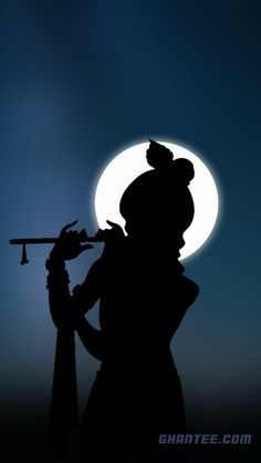 the silhouette of a person holding a trumpet in front of a full moon