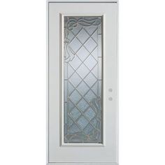 a white door with glass panels on the front and side doors, which have decorative designs