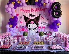 an image of a birthday party setting with balloons and desserts on the buffet table