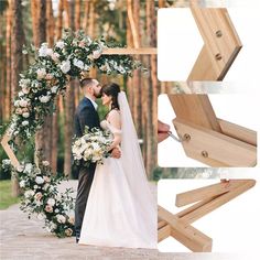 the bride and groom are standing in front of a wooden arch with flowers on it