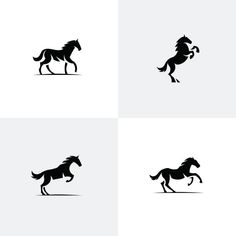 four black and white horses running side by side on the same page, each with different colors