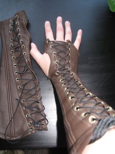 lace up gloves Leather Costume, Gothic Costume, Leather Bracers, Goth Halloween, Boots Tall, Leather Armor, Medieval Armor, Leather Corset