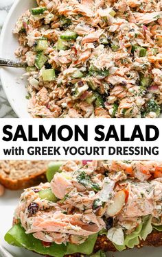 salmon salad with greek yogurt dressing in a white bowl