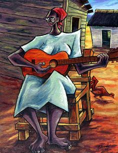 a painting of a person sitting on a chair playing a guitar