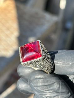 Silver Natural Ruby Stone Ring , Engraved Men Ring , Red Stone Ring,  Engraved Silver Ring , Ottoman Style Ring , 925k Sterling Silver Ring ★Item Details * Gender : Male / Female * Material : 925K Sterling Silver * Total weight : 17 Grams * Gemstone : Ruby  Stone ✔ Ready to Ship in 1-2 Business Days .. ✔ Shipped to the Worldwide 1-5 business days with free shipping... ✔ The product will be sent to you with a handmade wooden box to avoid any damage during shipping... ✔ Visit our store, browse oth Elegant Red Intaglio Signet Ring, Classic Red Intaglio Ring, Classic Red Intaglio Jewelry, Formal Red Engraved Ring With Polished Finish, Red Engraved Signet Ring For Formal Occasion, Red Intaglio Jewelry For Formal Occasions, Formal Red Engraved Signet Ring, Red Engraved Ring For Formal, Red Engraved Ring For Formal Occasions