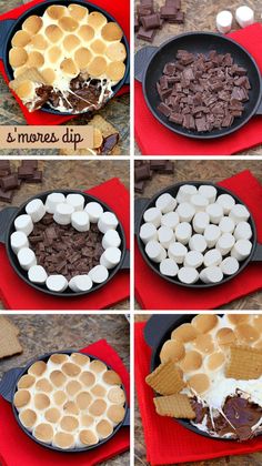 the steps to making s'mores dip in a skillet with marshmallows and chocolate