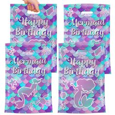 two mermaid birthday bags with the words happy birthday on them