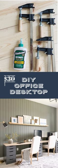 the diy office desk top is made from wood and has several different tools hanging on it