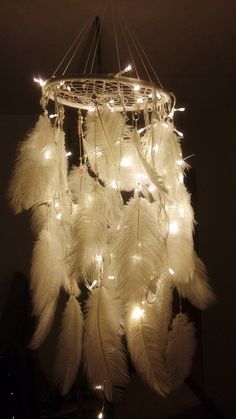 a chandelier with white lights and feathers hanging from it's centerpiece