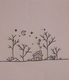 a drawing of a house in the woods with stars and moon on it's roof